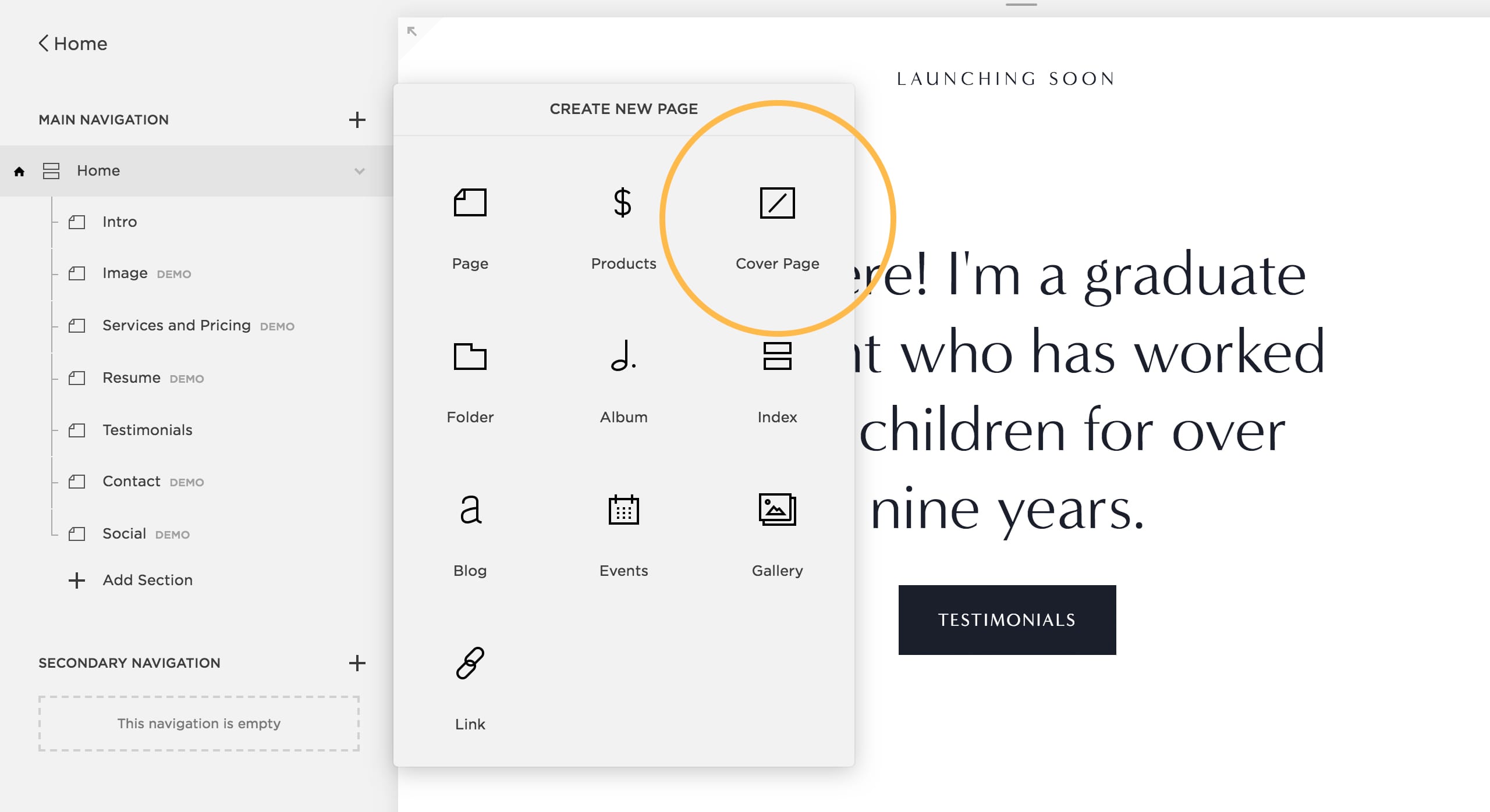 Adding a Cover Page from the Squarespace Interface