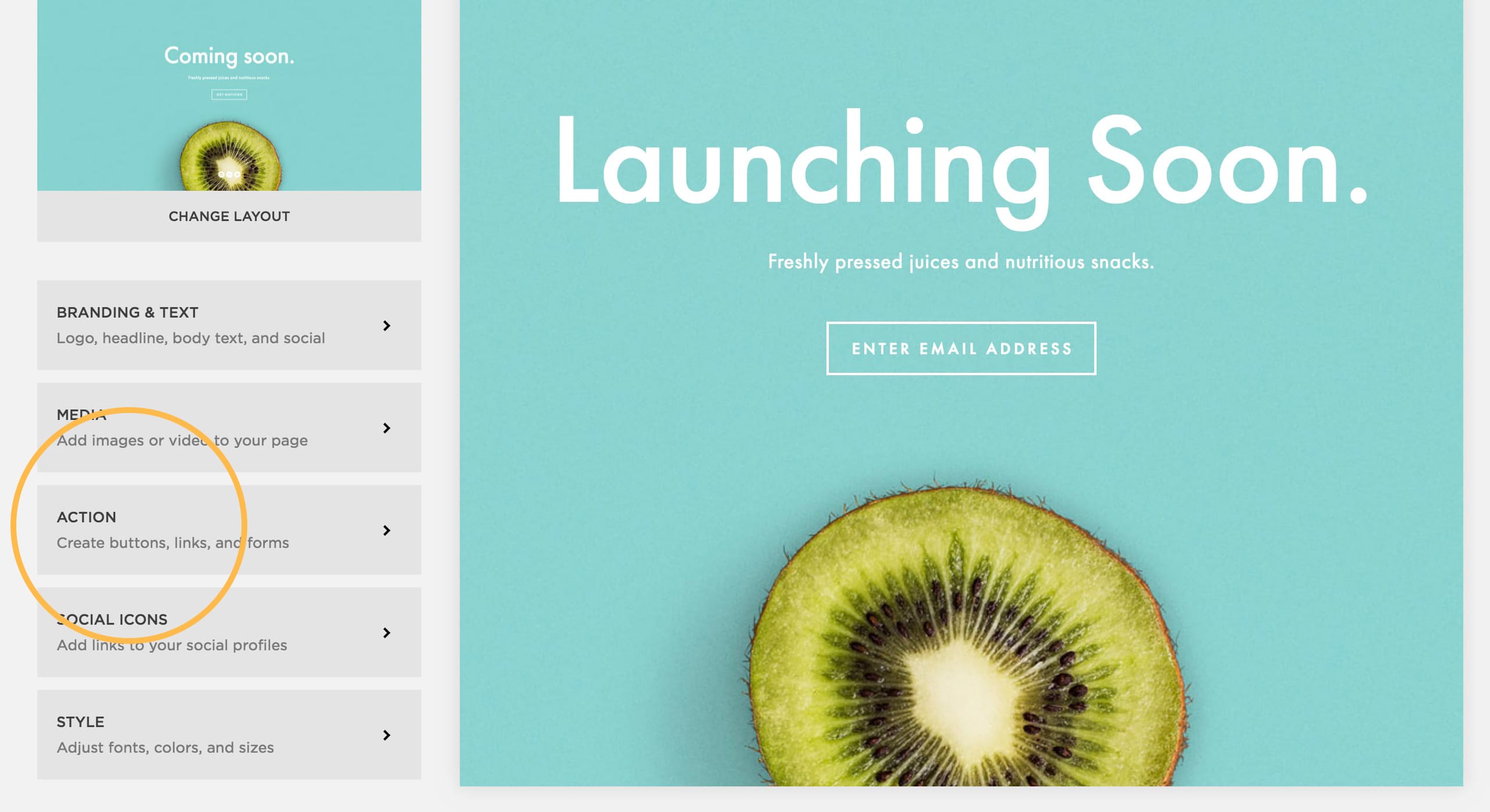 Squarespace Cover Pages Action Area